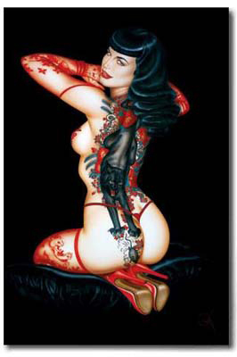 Bettie Page pinup poster, with bettie wearing red  and red stilettos.