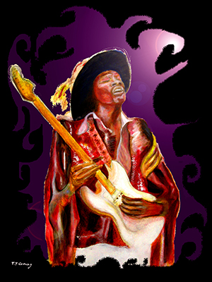 music art paintings featuring jimi hendrix ,  musicians , musical instruments .