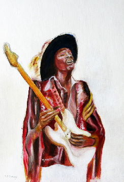 1960s fashion, psychedelic colours illustrated in painting of Jimi hendrix by T J Conway.