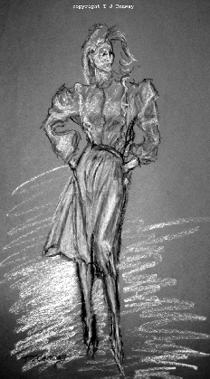 1980s fashion,  original clothing design. Model wearing knee length skirt with pockets, bouse with shoulder pads.