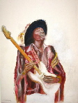 Guitar art. A painting of Jimi Hendrix playing stratocaster guitar from a collection of original art by Tom Conway.