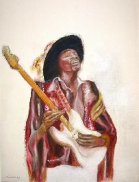Jimi hendrix guitar art. A painting of Jimi hendrix playing stratocaster guitar from a collection of original paintings  by Tom Conway, available as posters and fine art canvas prints.