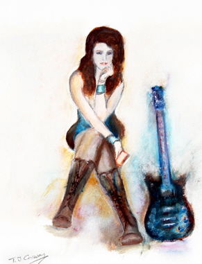 girl in boots with blue guitar, musician relaxing 