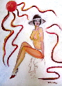 painting of a semi nude female , lady in red high heels