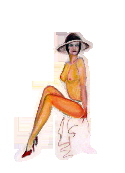 Classic pin up girl pose, painting of a single nude model in a hat and red stiletto shoes by T J Conway
