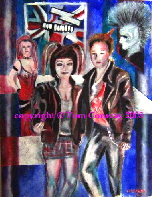 a contemporary painting showing a mix of punk hair, style, culture, music, and attitude.  