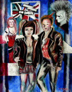 punk rock painting ,   mohawk hair, tartan skirt, studded collar fashion by T J Conway.