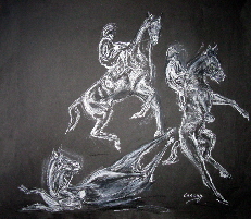 horse art. Drawings of a rearing horse with rider
