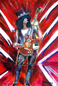 painting of ex guns n roses guitarist slash (Saul Hudson) playing gibson guitar.  Superb guitarist also with Slash's Snakepit and Velvet Revolver