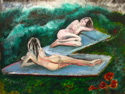 art work showing two nude models, against a green landscape with red flowers