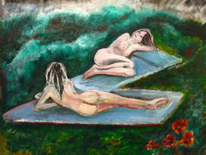 painting of  two  nude female models by Tom Conway
