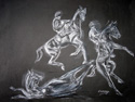 pastel art work, drawings of rearing horse and jockey 