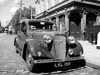 vintage car and English pub black and white  s